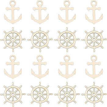 60Pcs 2 Style Laser Cut Natural Wooden Big Pendants, Rudder & Anchor, BurlyWood, 30pcs/style