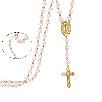 Glass Rosary Bead Necklace, Golden Brass Cross & Jesus Pendant Necklace, Pink, 19.69 inch(50cm)