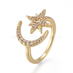 Brass Micro Pave Clear Cubic Zirconia Cuff Rings, Open Rings, Cadmium Free & Lead Free, Long-Lasting Plated, Star & Moon, Real 18K Gold Plated, US Size 7 1/4(17.5mm)(RJEW-K232-02G)