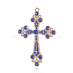Alloy Rhinestone Big Pendants, Latin Cross Clenchee, Light Gold, Sapphire, 73x51x5mm, Hole: 3mm(RB-J112-05KCG)