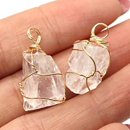 Raw Rough Natural Quartz Crystal Pendants, Nuggets Charms with Golden Plated Copper Wire Wrapped, 18~30x12~22mm(FIND-PW0020-04D)