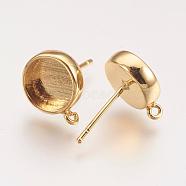 Brass Ear Stud Findings, Flat Round, Golden, Tray: 12mm, 15.5x14.5mm, Hole: 1mm, Pin: 0.7mm(X-KK-P146-09G-12mm)
