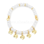 Rack Plating Brass Stretch Bracelets, with ABS Imitation Pearl Beads, Cadmium Free & Lead Free, Long-Lasting Plated, Heart, Inner Diameter: 2 inch(5.2cm)(BJEW-P341-10F-G)