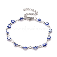 Enamel Heart with Evil Eye Link Chains Bracelet, 304 Stainless Steel Jewelry for Women, Stainless Steel Color, Blue, 6-7/8 inch(17.5cm)(BJEW-P271-07P-04)