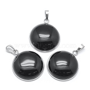 Natural Obsidian Pendants, with 201 Stainless Steel Findings, Flat Round, Stainless Steel Color, 31x26.5x7.5mm, Hole: 5x8mm(KK-E757-B-04P)