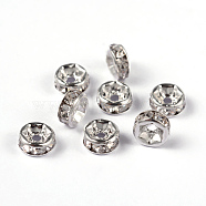 Brass Rhinestone Spacer Beads, Grade AAA, Straight Flange, Nickel Free, Silver Color Plated, Rondelle, Crystal, 6x3mm, Hole: 1mm(RB-A014-Z6mm-01S-NF)