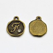 Antique Bronze Plated Alloy Rhinestone Charms, Flat Round with Letter.F, Nickel Free, 13x10x1.5mm, Hole: 1mm(ALRI-J152-F-NF)