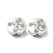 Tibetan Style Alloy Beads, Cadmium Free & Lead Free, Hexagon with Flower, Antique Silver, 11x11x3.5mm, Hole: 1.4mm(FIND-Q094-32AS)