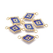 MIYUKI & TOHO Handmade Japanese Seed Beads Links, with Brass Jump Ring, Loom Pattern, Rhombus, Blue, 18x12~12.5x1.8mm, Hole: 2.5mm, 1.8mm thick.(SEED-A027-I03)