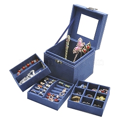 3 Layer Hand-Held Flocking Jewelry Storage Boxes, Large Capacity Jewelry Organizer Cases for Rings Earrings Bracelets, Square, Steel Blue, 12x12x12cm(PW-WG9D8B1-06)