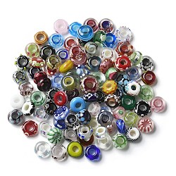 Handmade Lampwork European Beads, Large Hole Beads, Flat Round, Mixed Color, 13~17.5x6.5~11mm, Hole: 5.5~7mm(LAMP-P068-05)