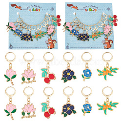 Alloy Enamel Pendant Locking Stitch Markers, 304 Stainless Steel Leverback Earring & Brass Wine Glass Charm Rings Stitch Marker, Flower/Cherry, Mixed Color, 3.2~3.8cm, 6 style, 2pcs/style, 12pcs/set(HJEW-AB00175)