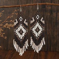 Bohemian Style Tassel Dangle Earrings, with Geometric Glass Beads Handmade, Platinum, Black, 120x32mm(YF4203-3)