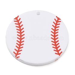 Printed Acrylic Pendants,  Baseball, White, 34.5x2.5mm, Hole: 1.8mm(OACR-Q188-01B)