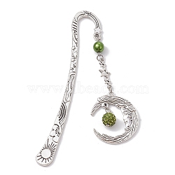 Alloy Moon Pendant Bookmark, Tibetan Style Alloy Hook Bookmarks, with Glass Pearl, Olive Drab, 112mm(AJEW-JK00296-01)