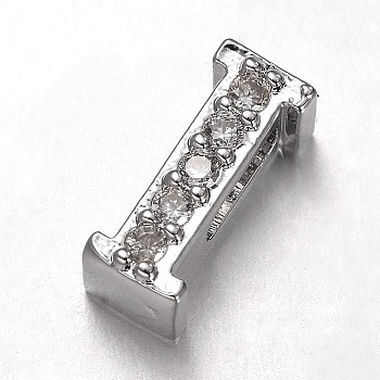 Platinum Plated Brass Micro Pave Cubic Zirconia Letter Slide Charms, Letter.I, 9.5x4x4.5mm, Hole: 4.5x1.5mm