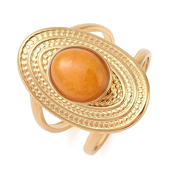 Oval Natural Agate Finger Rings, Ion Plating(IP) 304 Stainless Steel Cuff Rings for Women, Soldered, Real 14K Gold Plated, 24mm, Gemstone: 11.5x9.5mm, Adjustable