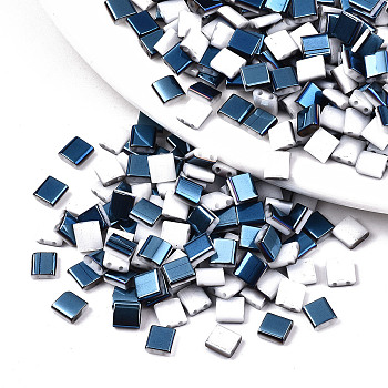 2-Hole Glass Seed Beads, Half Metallic Colours, Square, Steel Blue, 5x4.5~5.5x2~2.5mm, Hole: 0.5~0.8mm, about 1180pcs/bag