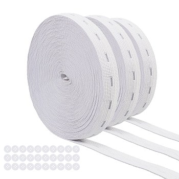 Flat Elastic Cord/Bands with Buttonhole, Webbing Garment Sewing Accessories, with Resin Buttons, White, 15mm, 30m/set