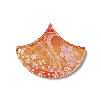 Printed Acrylic Pendants, Fan with Flower, Sandy Brown, 32x39.5x2mm, Hole: 1.6mm