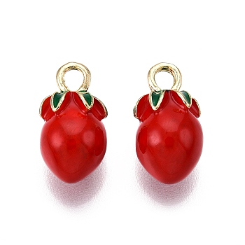 Alloy Enamel Charms, Cadmium Free & Nickel Free & Lead Free, Light Gold, Rack Plating, Tomato, 15x8x8mm, Hole: 2.5mm