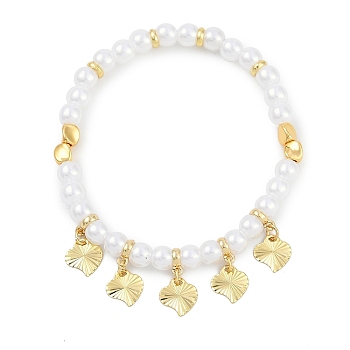 Rack Plating Brass Stretch Bracelets, with ABS Imitation Pearl Beads, Cadmium Free & Lead Free, Long-Lasting Plated, Heart, Inner Diameter: 2 inch(5.2cm)