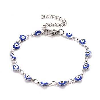 Enamel Heart with Evil Eye Link Chains Bracelet, 304 Stainless Steel Jewelry for Women, Stainless Steel Color, Blue, 6-7/8 inch(17.5cm)