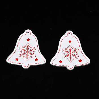 Christmas Theme Spray Painted Wood Pendants, Single-Sided Printed, Christmas Bell with Snowflake, White, 49.5x45.5x2mm, Hole: 2mm