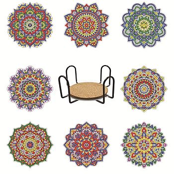 DIY Mandala Pattern Diamond Painting Coaster Kits, Including Coaster Holder, Resin Rhinestones, Pen, Tray & Glue Clay, Colorful, 100mm, 8pcs/set