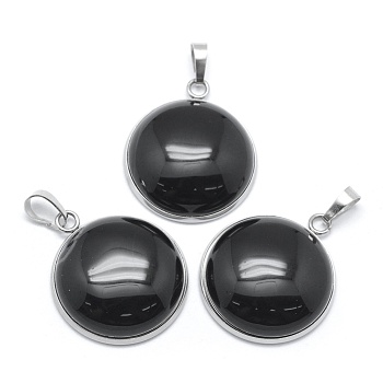 Natural Obsidian Pendants, with 201 Stainless Steel Findings, Flat Round, Stainless Steel Color, 31x26.5x7.5mm, Hole: 5x8mm