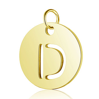 304 Stainless Steel Charms, Flat Round with Letter, Golden, Letter.D, 12x1mm, Hole: 2.5mm
