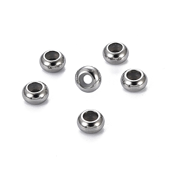 304 Stainless Steel Beads, with Rubber Inside, Slider Beads, Stopper Beads, Rondelle, Stainless Steel Color, 6x3mm, Hole: 3mm, Rubber Hole: 1.2mm