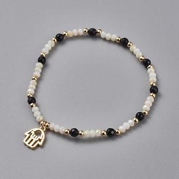 Electroplate Glass Beads Stretch Bracelets, with Natural Black Agate and Brass Finding, Cardboard Box, Hamsa Hand/Hand of Fatima/Hand of Miriam, 2-1/8 inch(5.5cm)