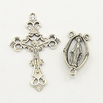 Link Chandelier Component Findings Center Piece Sets, Alloy Crucifix Cross Pendants and Virgin Links, For Easter Rosary Necklace Making, Lead Free, Antique Silver, Links: 13x25x3mm, Hole: 2mm, Cross: 26x43.5x3mm, Hole: 2mm