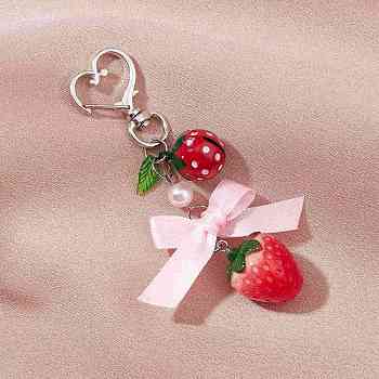 Resin Pendant Decorations, with Iron Findings, Baking Painted Brass Bell and ABS Plastic Imitation Pearl Round Beads, Strawberry Bowknot, Red, 105mm