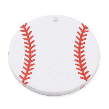 Printed Acrylic Pendants,  Baseball, White, 34.5x2.5mm, Hole: 1.8mm