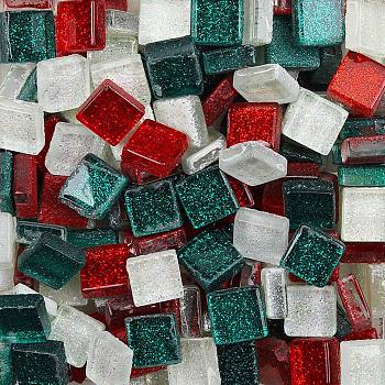 Square Transparent Glass Cabochons, Mosaic Tiles, for Home Decoration or DIY Crafts, Dark Green, 9.5~10.5x9.5~10.5x4~4.5mm, 1100pcs/kg