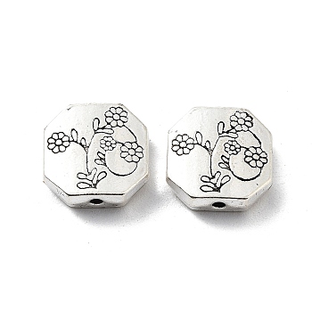 Tibetan Style Alloy Beads, Cadmium Free & Lead Free, Hexagon with Flower, Antique Silver, 11x11x3.5mm, Hole: 1.4mm