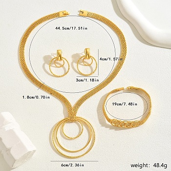 Luxury Minimalist Round Ring Iron Pendant Necklace & Link Bracelet & Dangle Stud Earring Jewelry Set for Party Gift, Golden