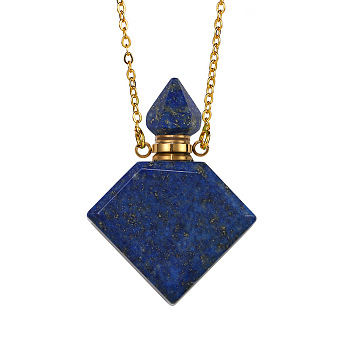 Natural Lapis Lazuli Rhombus Perfume Bottle Pendant Necklace, Essential Oil Vial Necklace for Women, Golden, 21.65 inch(55cm)
