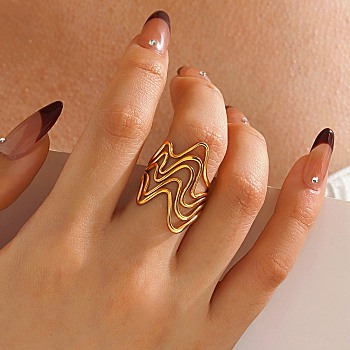 304 Stainless Steel Adjustable Open Cuff Rings for Women, Irregular, Golden, 28mm, Inner Diameter: Adjustable