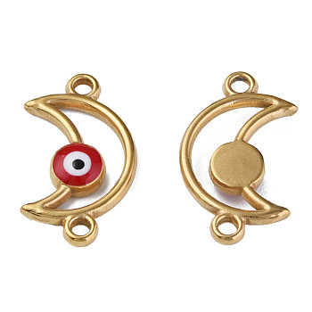 304 Stainless Steel Enamel Connector Charms, Golden, Moon with Evil Eye, Dark Red, 20.5x12x3mm, Hole: 1.8mm