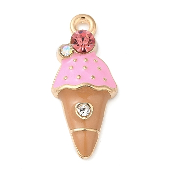 Light Gold Plated Alloy Enamel Pendants, with Rhinestone, Long-Lasting Plated, Ice Cream Charm, Pearl Pink, 22.5x9.5x3.5mm, Hole: 1.6mm