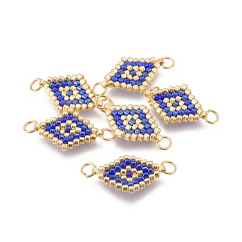 MIYUKI & TOHO Handmade Japanese Seed Beads Links, with Brass Jump Ring, Loom Pattern, Rhombus, Blue, 18x12~12.5x1.8mm, Hole: 2.5mm, 1.8mm thick.