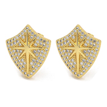 Rack Plating Brass Micro Pave Clear Cubic Zirconia Stud Earrings, Cadmium Free & Lead Free,Real 18K Gold Plated, Star, 16.5x14mm