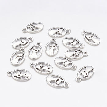 Tibetan Style Alloy Kitten Pendants, Cadmium Free & Lead Free, Oval with Cat Shape, Antique Silver, about 15mm long, 9mm wide, 2mm thick, hole: 1mm