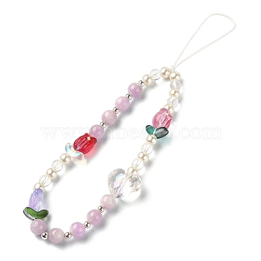 Tulip & Heart Natural Kunzite/Quartz Crystal & Glass Beaded Mobile Straps(HJEW-TA00041)-2