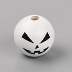 Natural Wood Beads, Round with Expression, Halloween Theme, White, 1.6x1.5cm, Hole: 3.5mm(X1-WOOD-TAC0007-47)