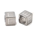 304 Stainless Steel European Beads, Large Hole Beads, Cube with Letter, Letter E, 7x7x7mm, Hole: 5mm(STAS-D382-02E-P)