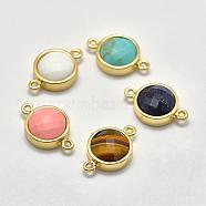 Gemstone Links connectors, with Brass Findings, Flat Round, Faceted, Golden, 19x12x5.5mm, Hole: 1mm(G-P320-07)